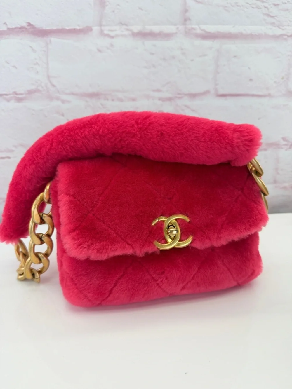 Chanel Shearling Hot Pink Quilted Flap Fur Shoulder Bag